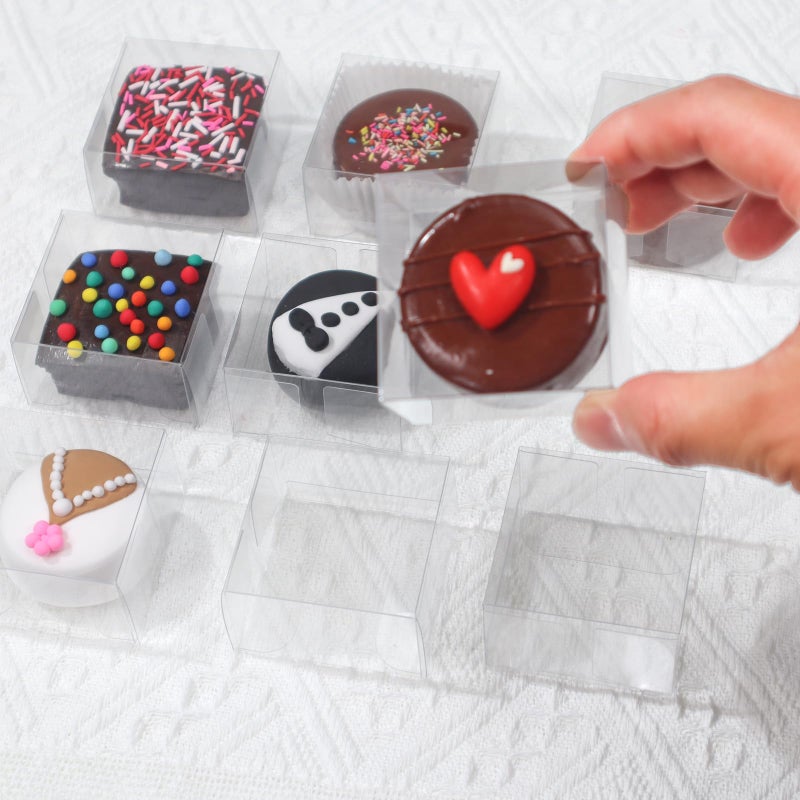 RomanticBaking 100pcs 2.17" Ã— 2.17" Ã— 1.38" Inch Chocolate Covered Mini Cookies Boxes Strawberry Macaron Boxes Clear Bakery Boxes for Gumballs, Pretzel,Browine,Malt Balls,Wedding Favors Party Boxes - Image 5